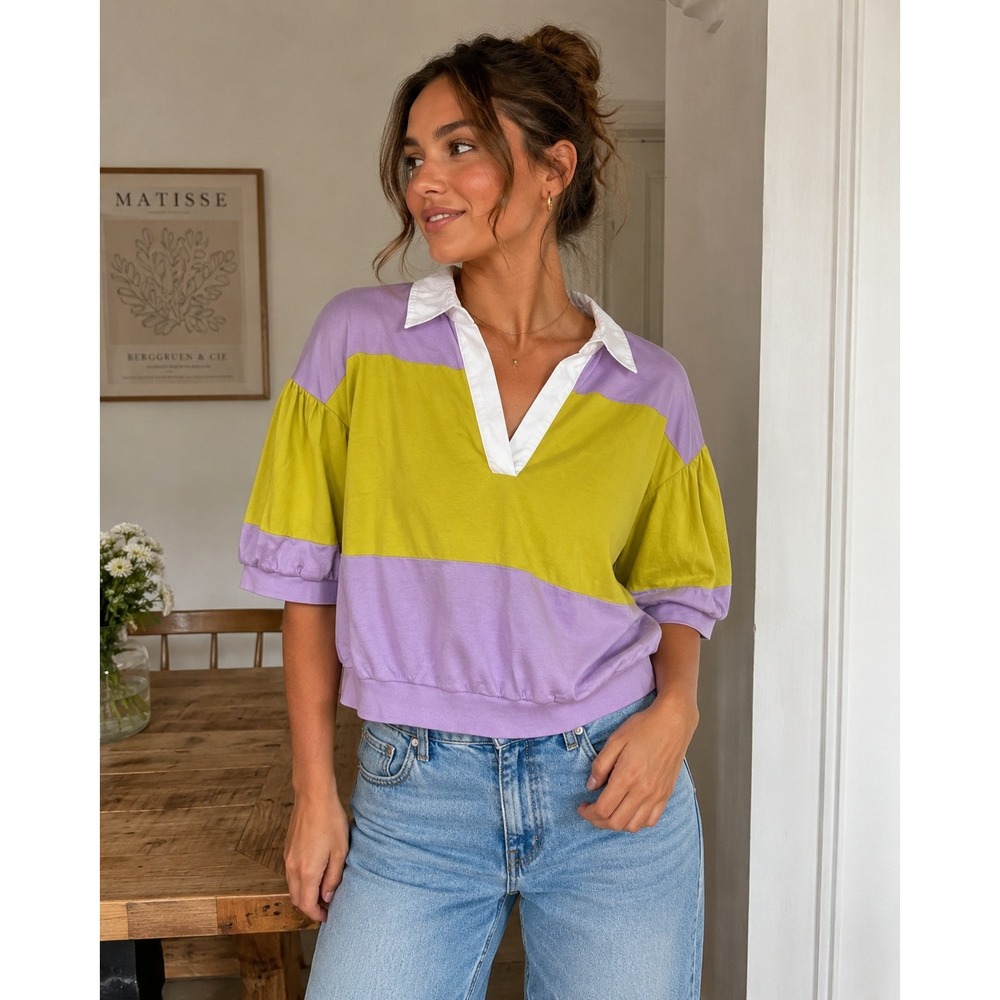 Kate Spade New York Purple‎ Yellow Puff Sleeve Top M 100% Cotton Preppy coastal